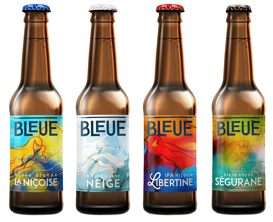 bières de la brasserie BLEUE : La Niçoise, Neige, Libertine, Ségurane